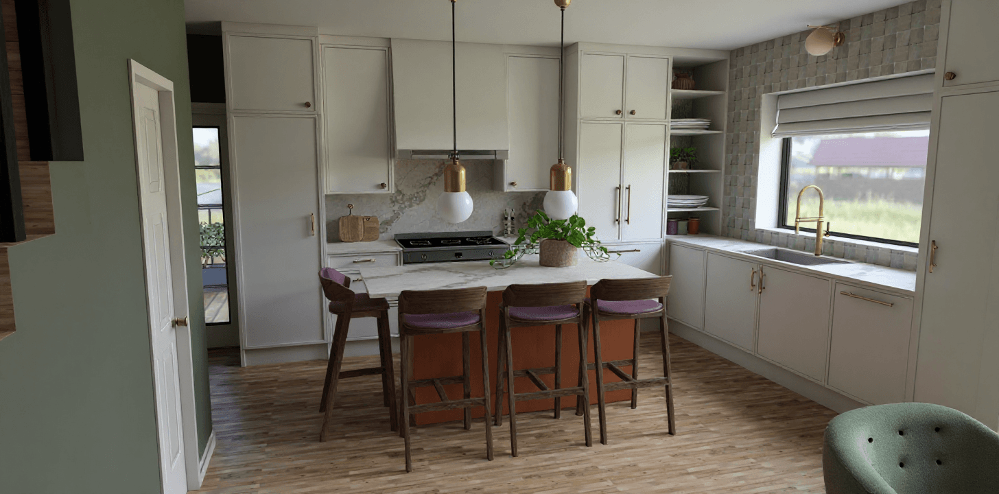 Kitchen with warm white cabinetry, brass pendants, and marble island