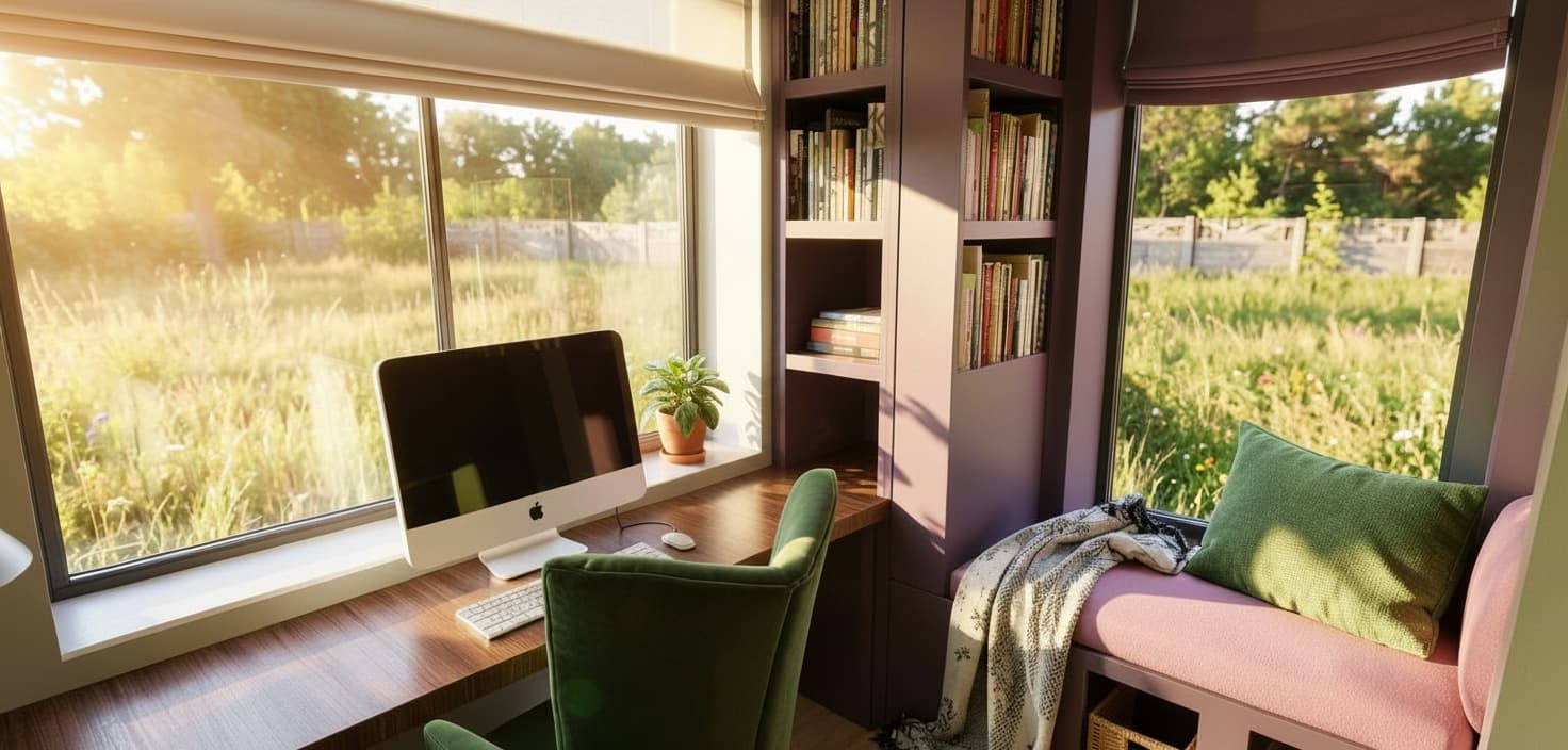 Built-in desk and window nook with plum millwork and green upholstery