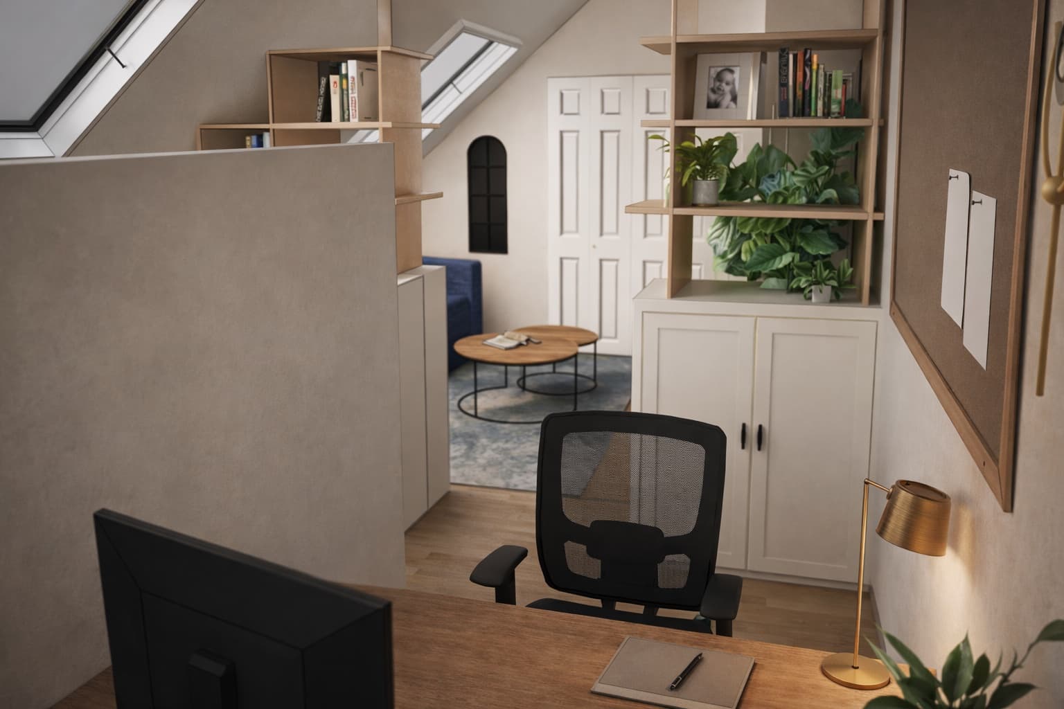 View across the room showing partition, sunlight, and workspace